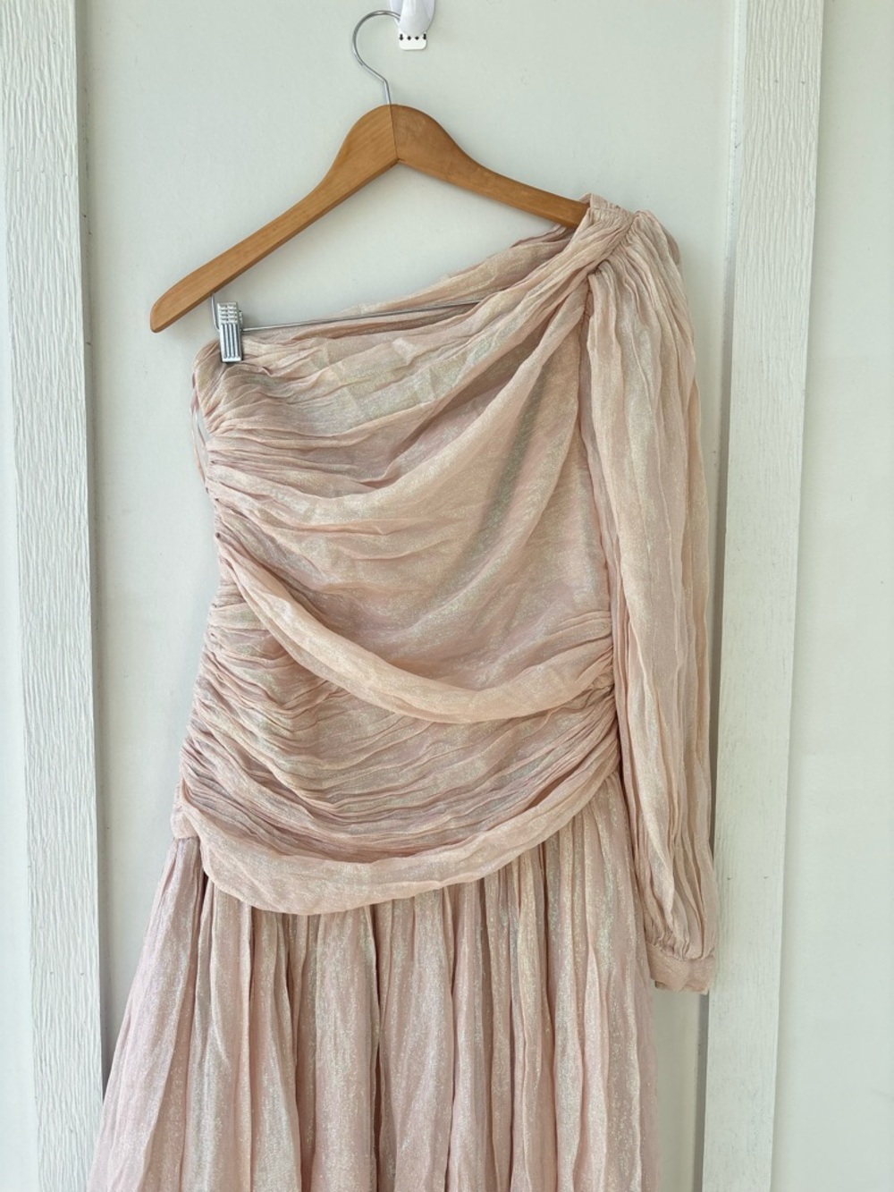 BHLDN Jade Metallic One-Shoulder Asymmetrical-Waist Gown Size 10 - Picture 4 of 12